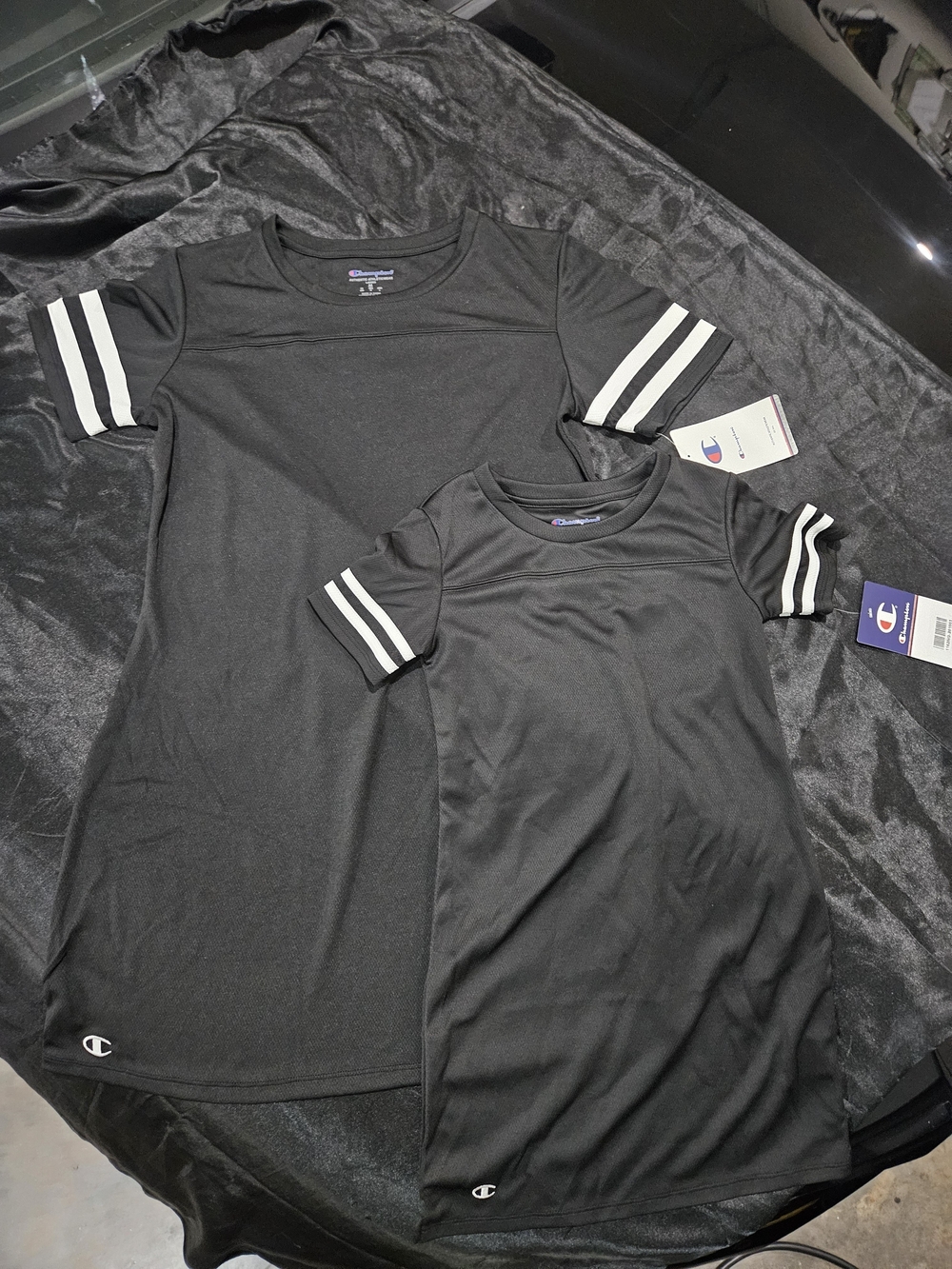 Champion Black Short Sleeve Crew T-Shirt Dress with White Sleeve Stripes